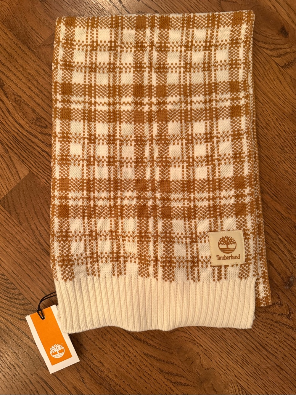 Timberland Cream & Mustard Plaid Knit Scarf